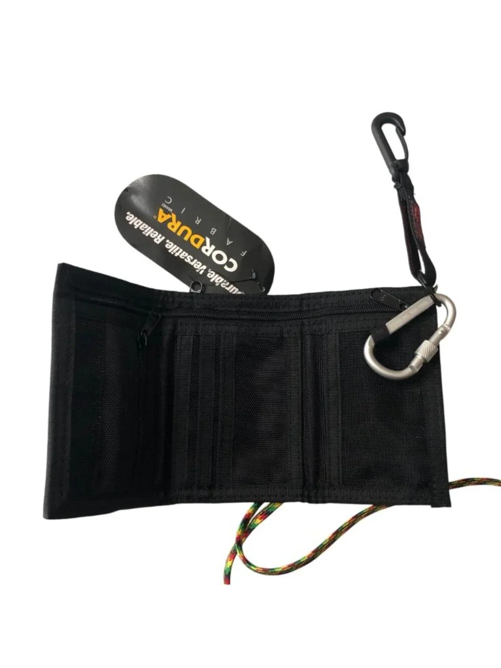 Rough Enough Black Trifold Wallet Cordura Fabric Detachable Lanyard